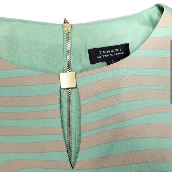 Tahari Mint Green Tan Striped Swirl Lined Dress - Picture 3 of 8